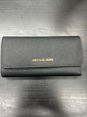 Michael Kors Black Leather Continental Wallet with Gold Logo